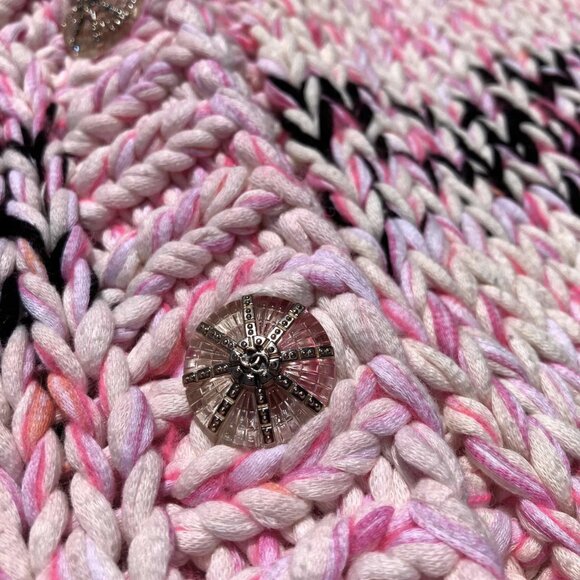 CHANEL Chunky Cable Knit Cotton Cardigan Sweater Jacket Pink Black Size 36 L XL - Picture 7 of 14